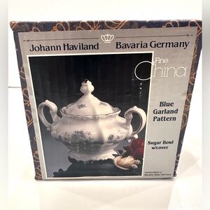 Johann Haviland Vintage Sugar Bowl W/Cover Blue Garland Pattern White